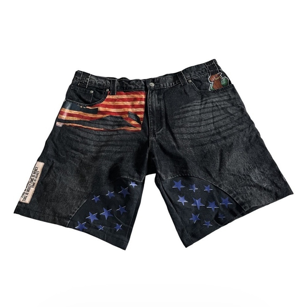 Time Is Money USA Shorts Mens 40 Black Denim Bermuda Hip Hop Streetwear